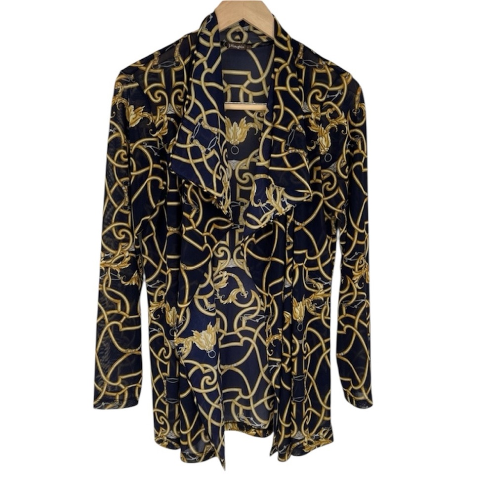 J. McLaughlin Navy and Gold Patterned Openโ Front Mesh Drape Cardigan